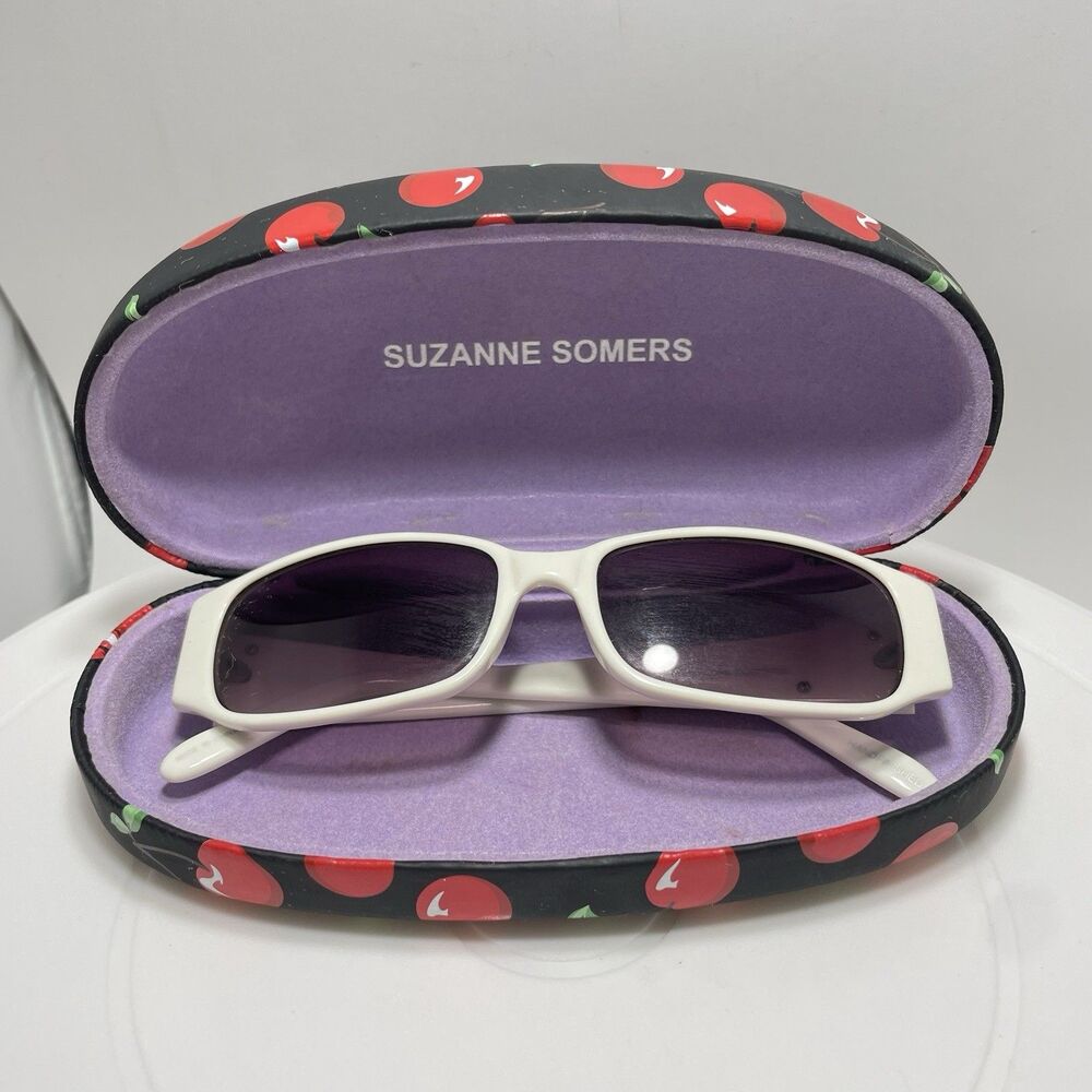 Suzanne Somers White Sunglasses with Rhinestone Cherry Accent & Hard Case